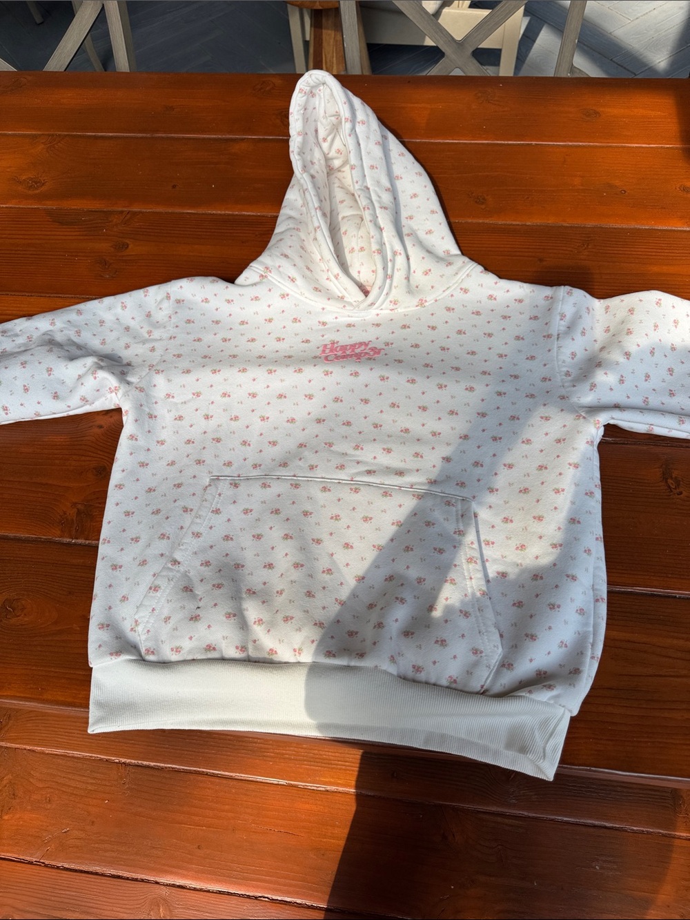 Happy camper White Kids' Hoodie with Pink Floral Print and Hood